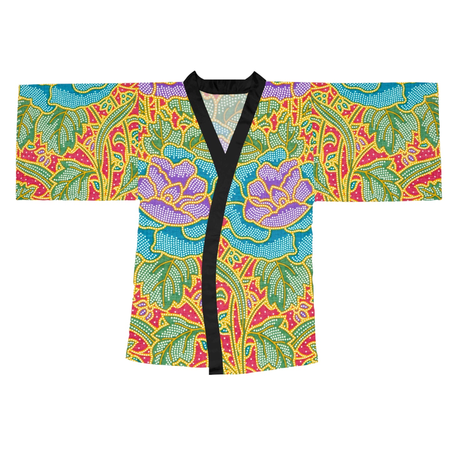 Flores verdes y rojas - Bata Kimono de Manga Larga Inovax