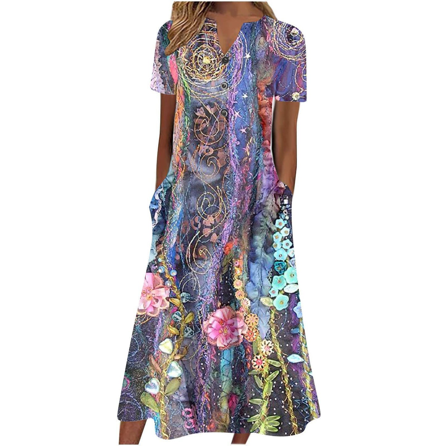 Printed Pocket V-neck Loose Casual Length Dress