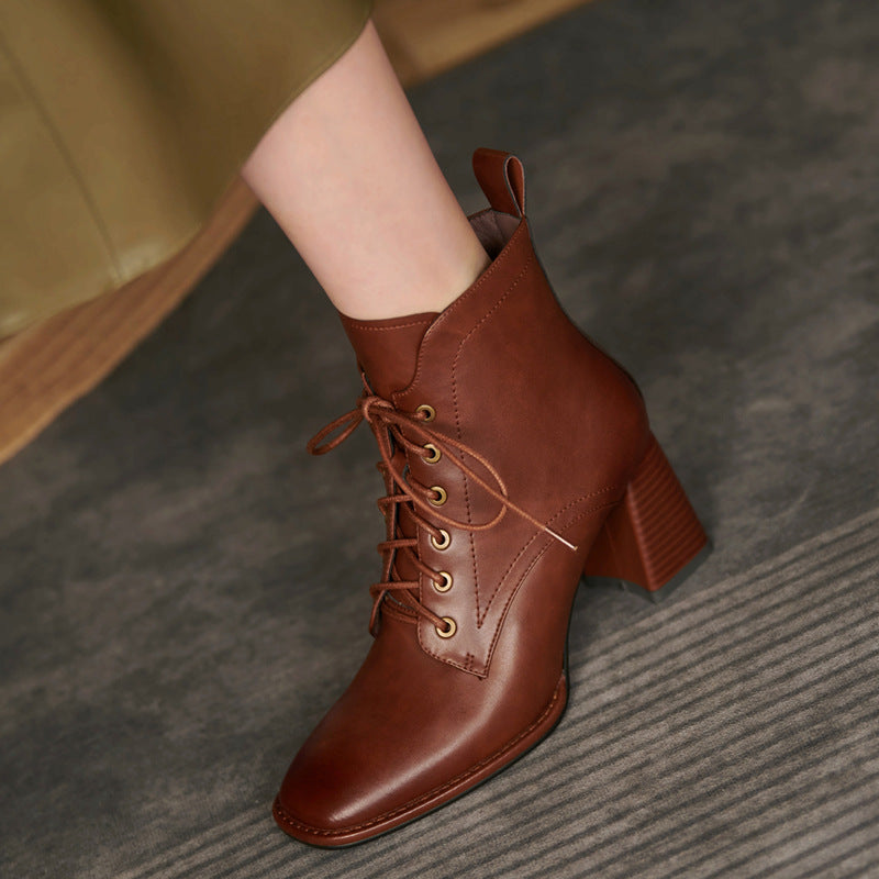 Botas de tacón alto para mujer, estilo británico, Retro, con cordones, cortas, simples, a la moda, otoño e invierno, 2022