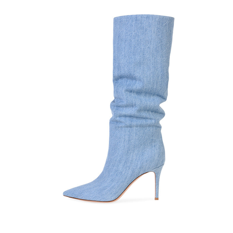 Bottes hauteur genou en denim à la mode pour femmes