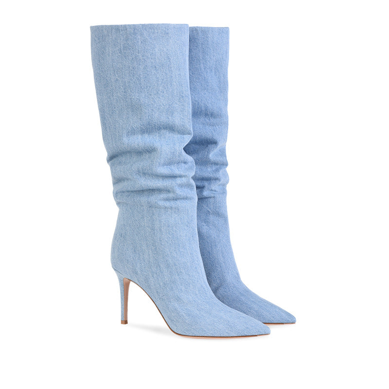 Bottes hauteur genou en denim à la mode pour femmes