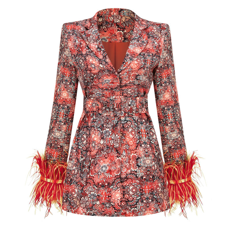 Robe et manteau en plumes à revers floral pour femmes