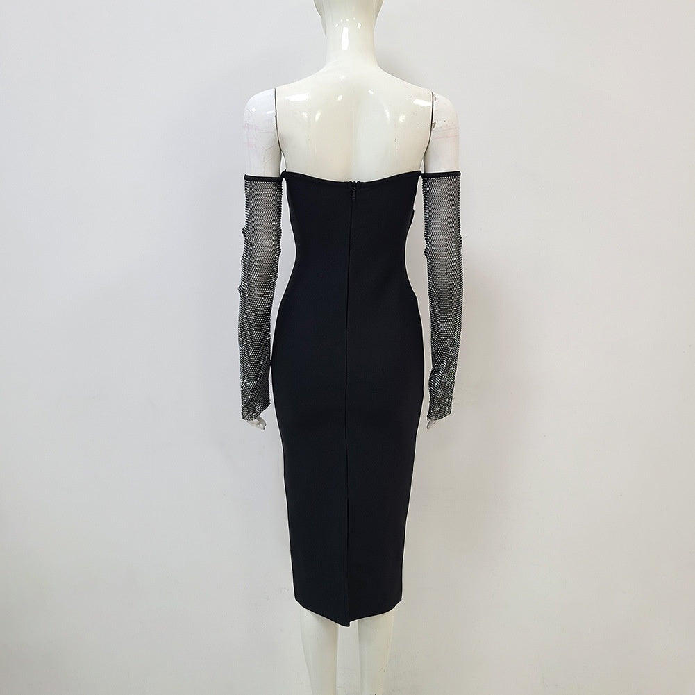 Robe de soirée et de Banquet pour femmes, manches percées en filet, épaules dénudées, Sexy, à bandes noires