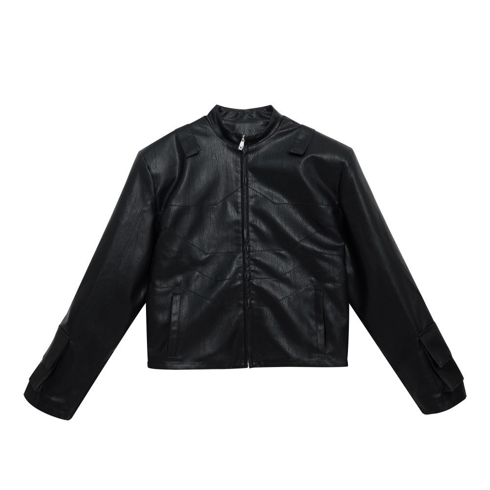 Round Neck Leather Jacket Texture Short Motorcycle Clothing Men