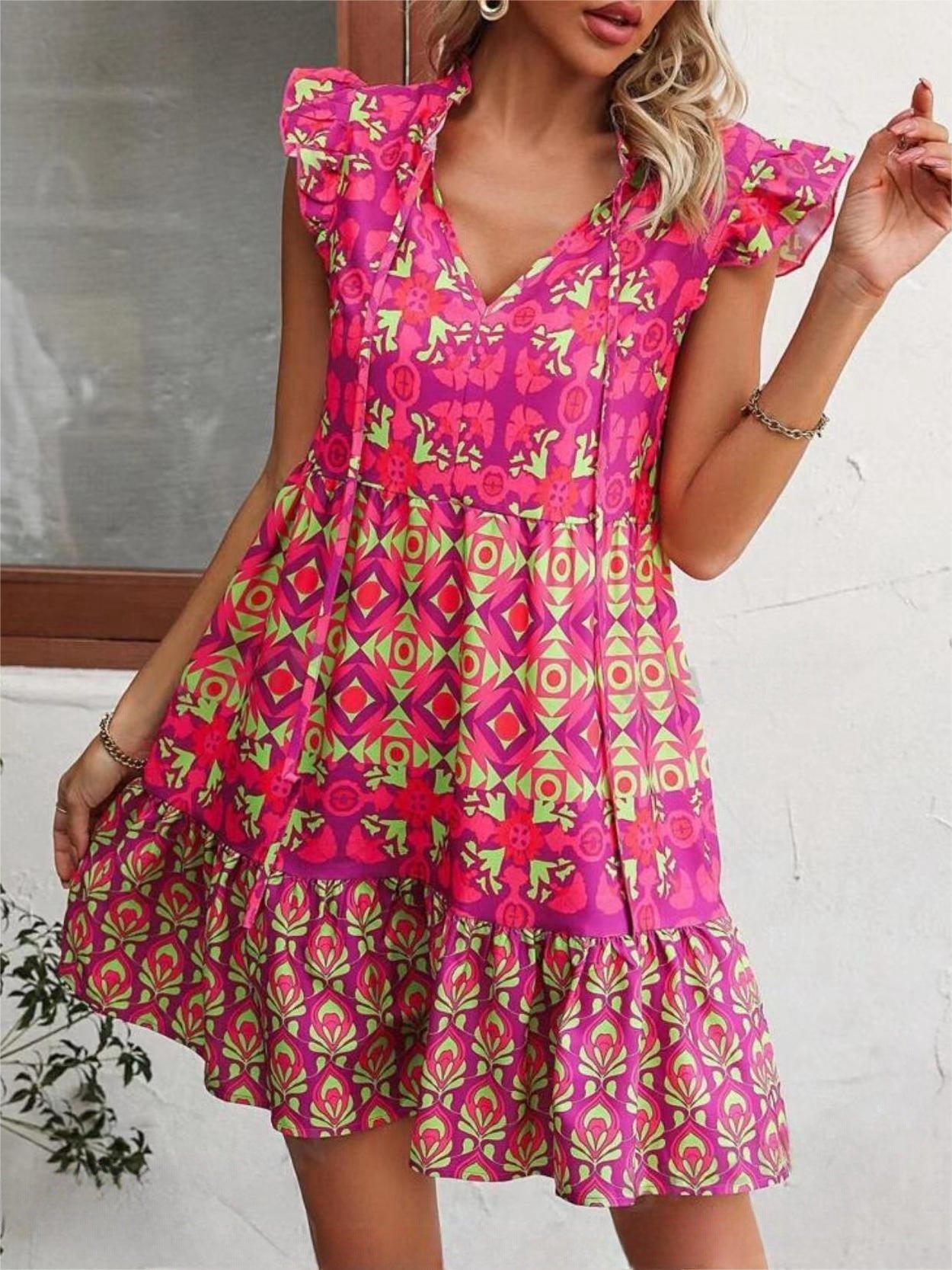 Printed Sleeveless Dress Summer Fashion V-Neck Lace-up Straight Dresses For Womens Clothing