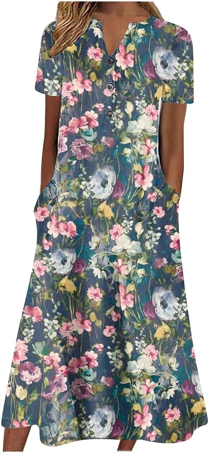 Printed Pocket V-neck Loose Casual Length Dress