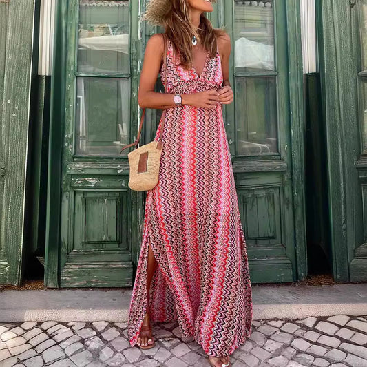 Vestido dividido sin mangas con estampado bohemio para mujer