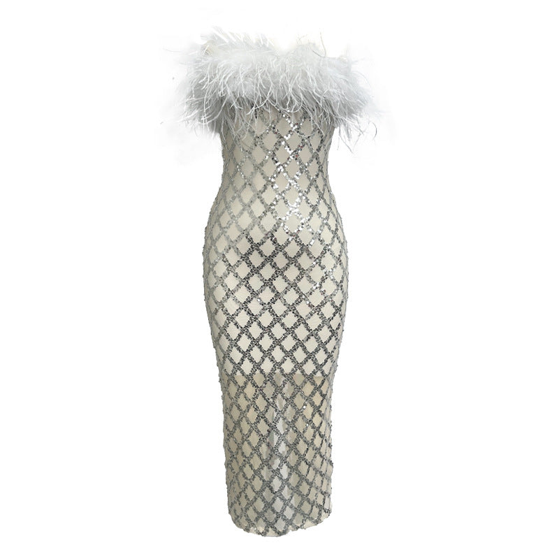 Robe une pièce à bandage et plumes, haut tubulaire à paillettes