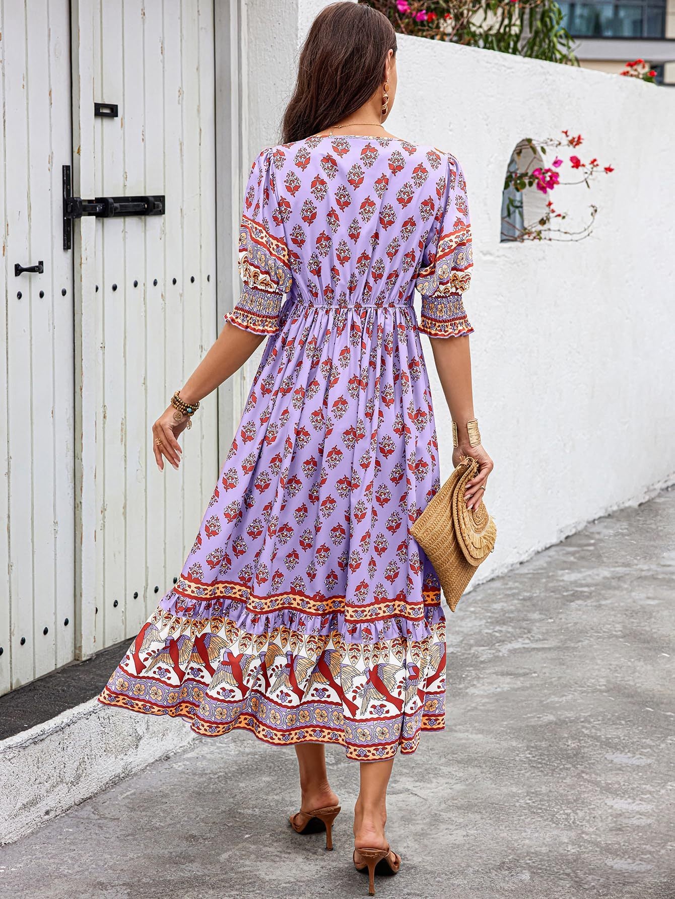 V-neck Printed Lantern Sleeve High Waist Big Swing Dress