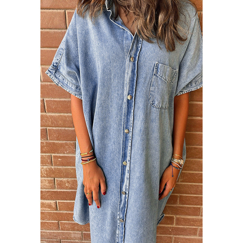 Robe en jean à manches courtes pour femmes, couleur unie, rangée unique, multi-boucles, jupe en jean