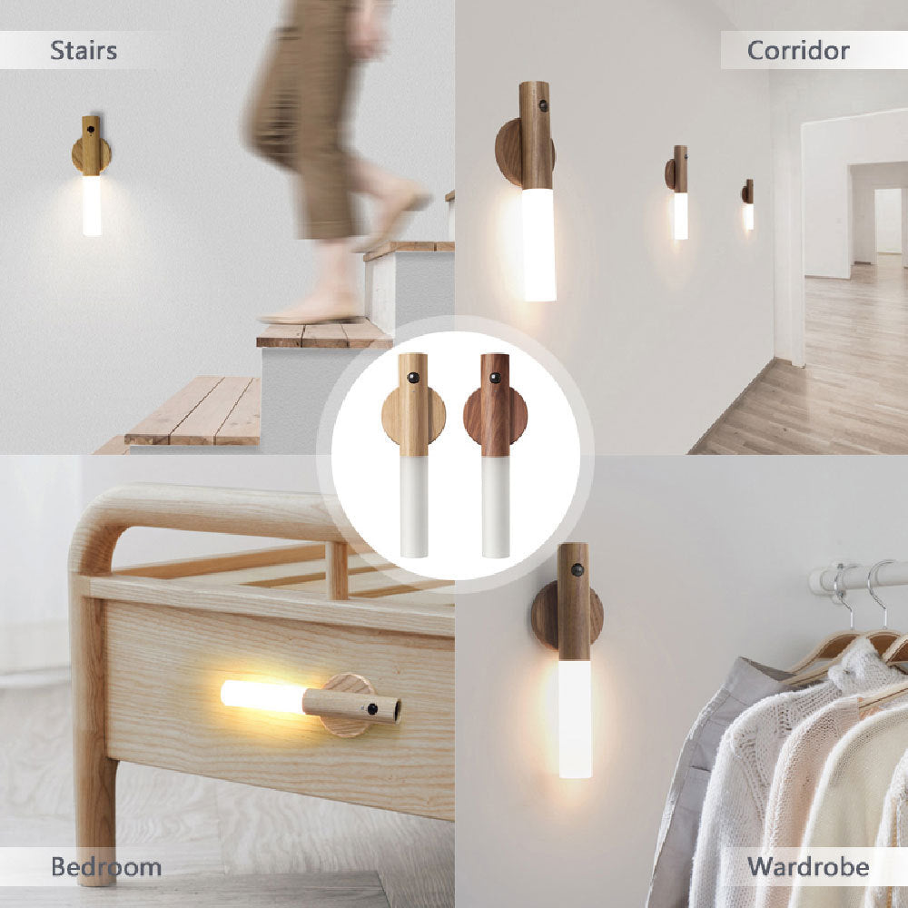 Lampe LED USB magnétique sans fil en bois pour couloirs, porches, détecteur de mouvement PIR, lampe murale pour armoire