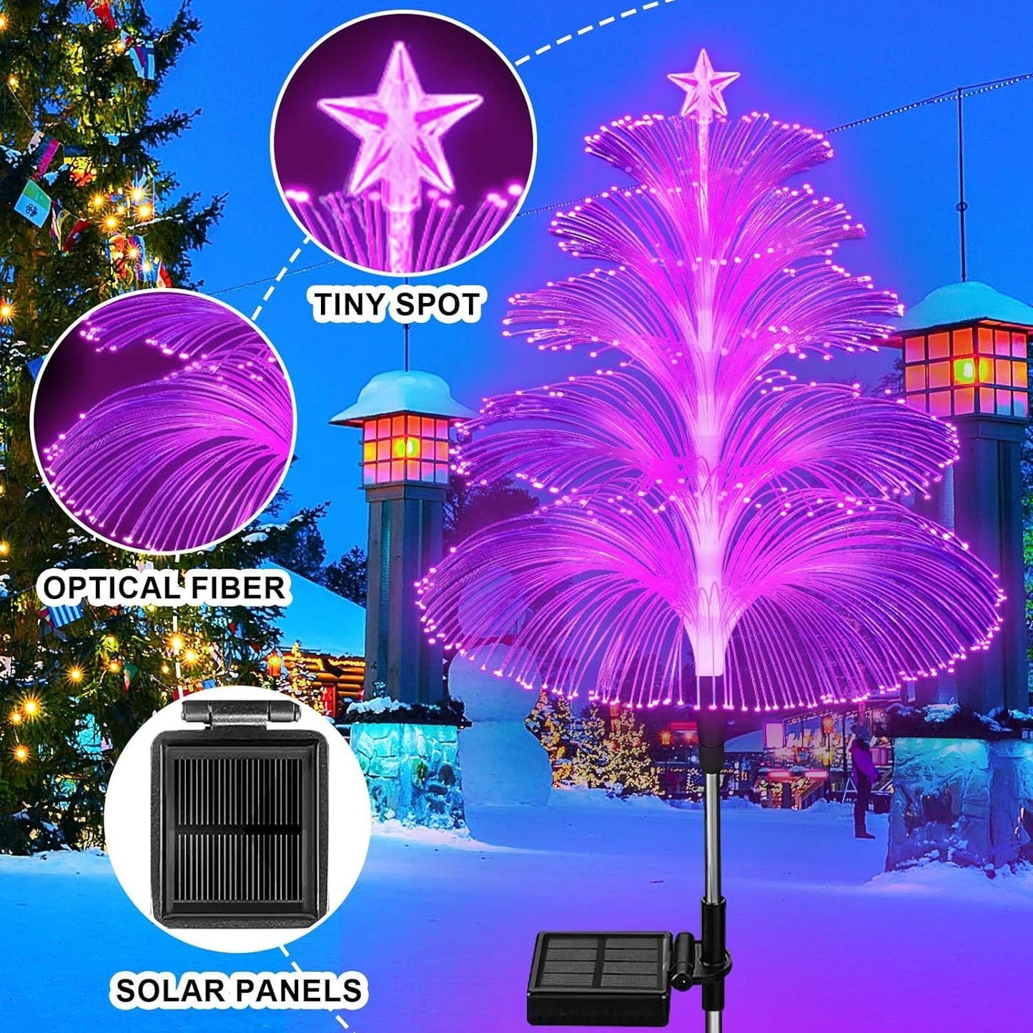 Fuente de luz con modelado de árbol de Navidad con fibra óptica solar