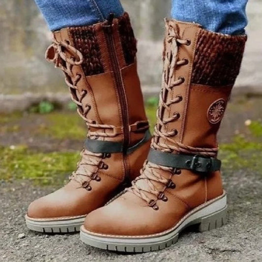 Bottes mi-hautes pour femmes Bout rond Talon carré Cuir