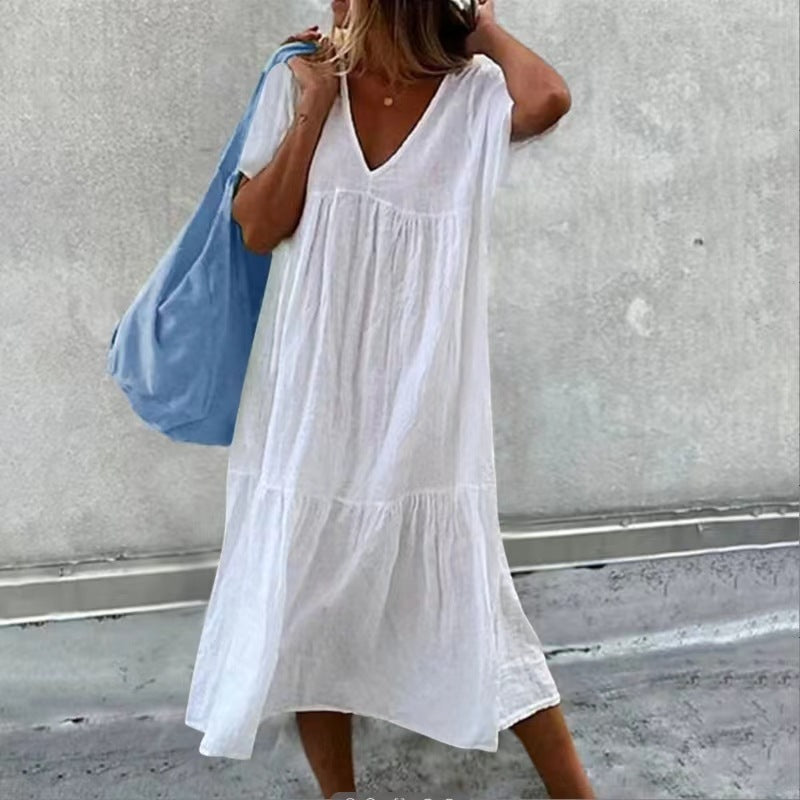 Round Neck Short Sleeve Cotton And Linen Mid-length Dress