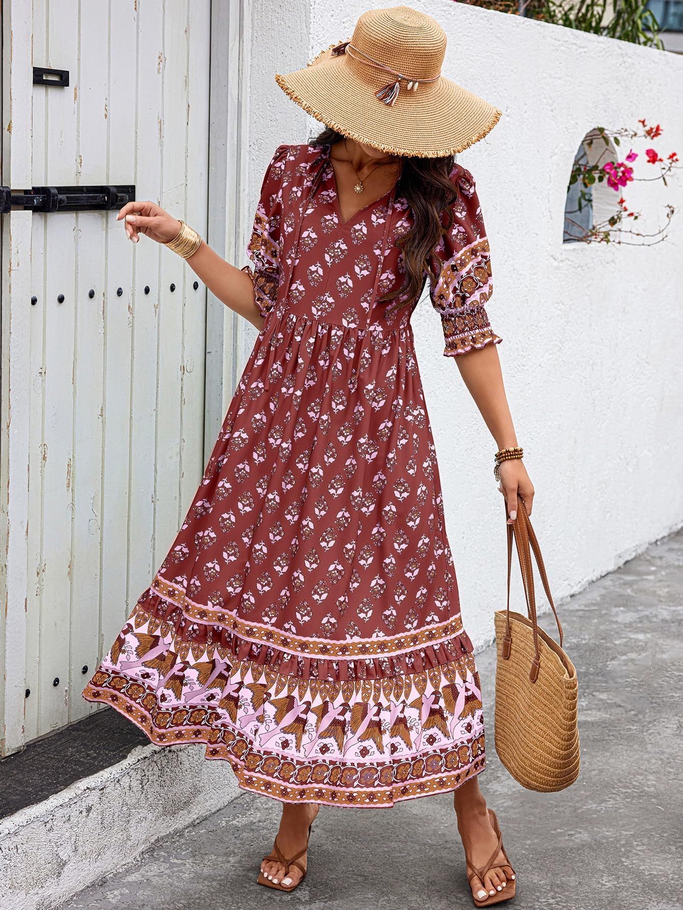 V-neck Printed Lantern Sleeve High Waist Big Swing Dress