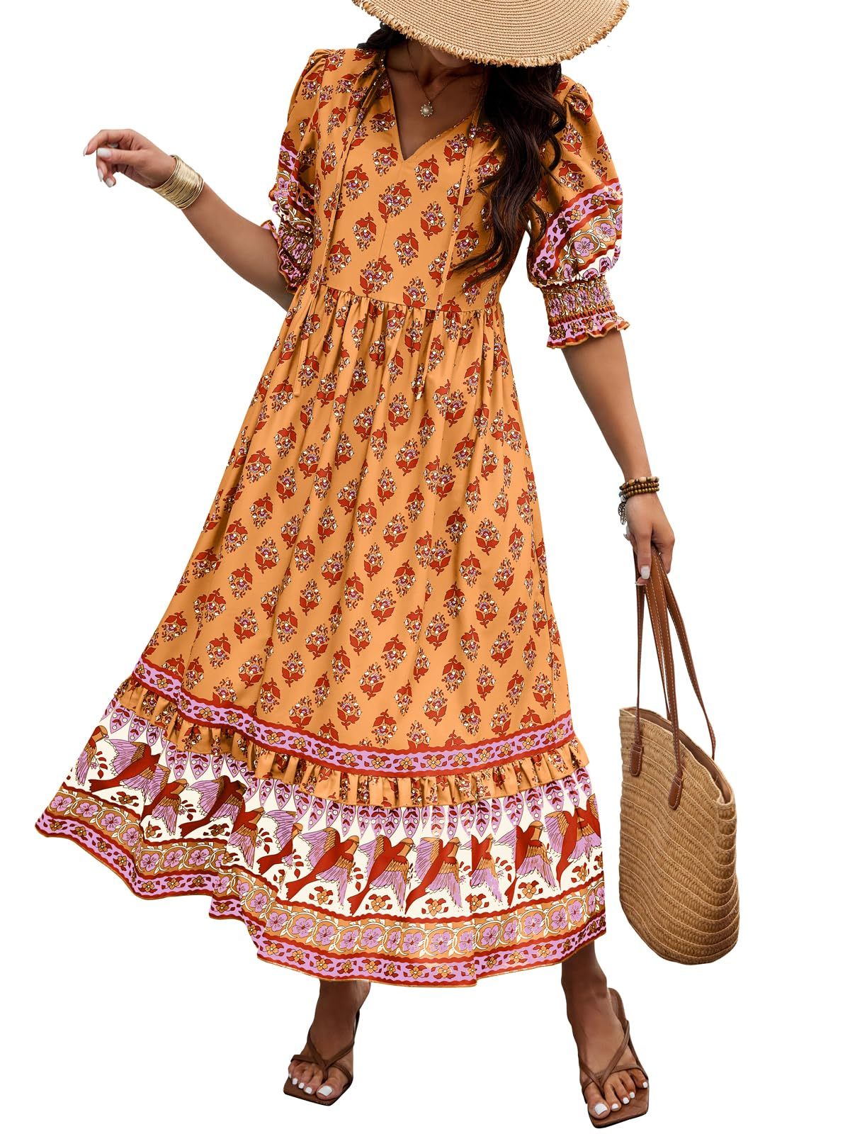 V-neck Printed Lantern Sleeve High Waist Big Swing Dress