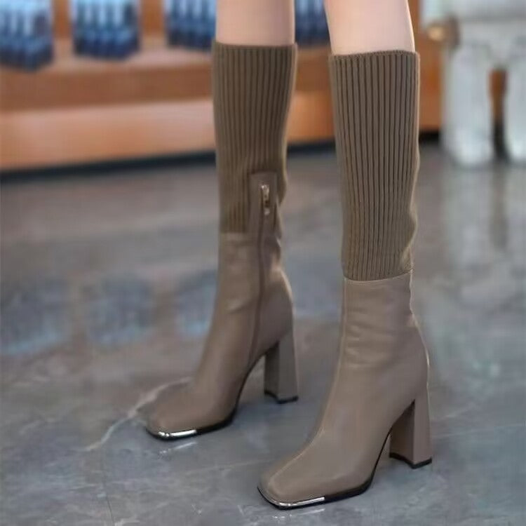 Women's Autumn And Winter Knitting Stretch Socks Square Head Chunky Heel Long Boots