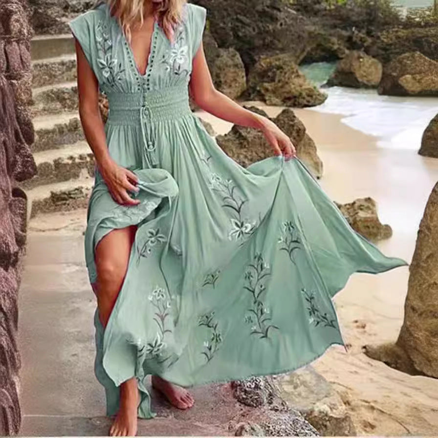 Nuevo Vestido de playa informal holgado sin mangas con cuello en V y dibujo bohemio con flecos y falda larga de verano