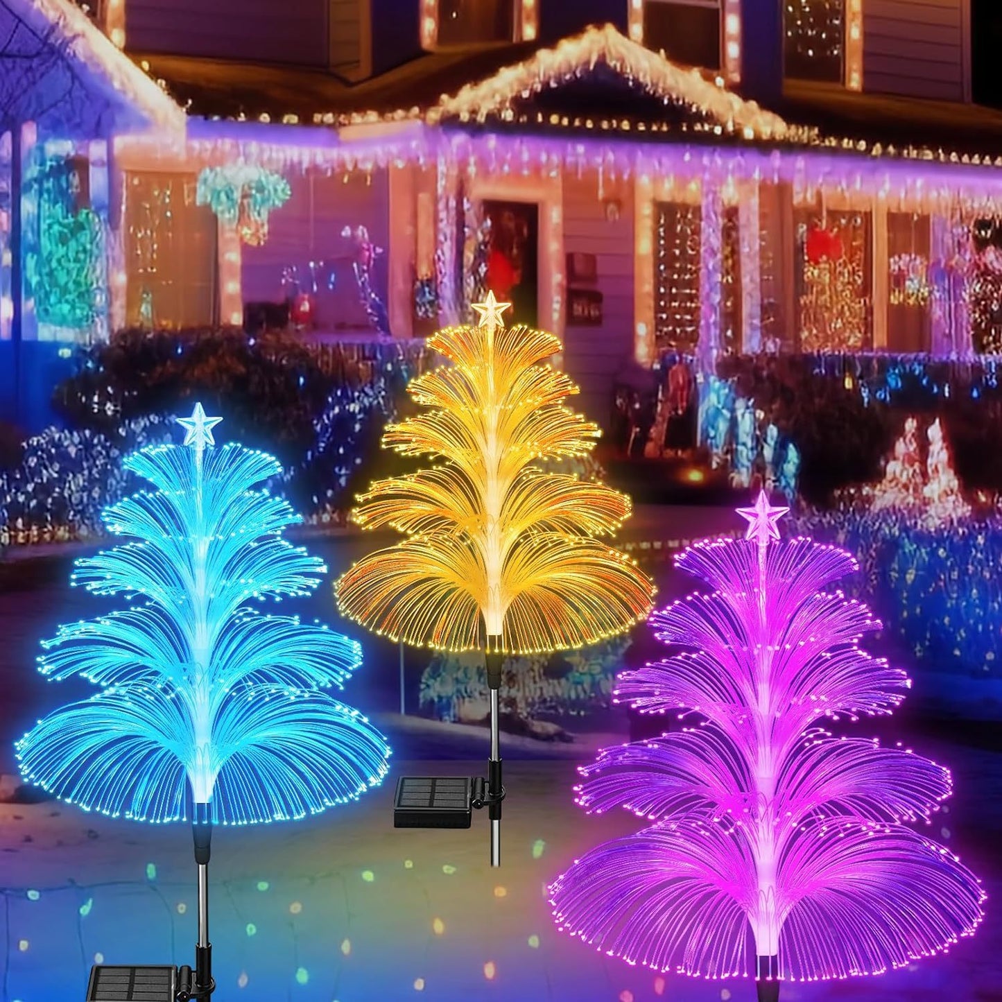 Fuente de luz con modelado de árbol de Navidad con fibra óptica solar