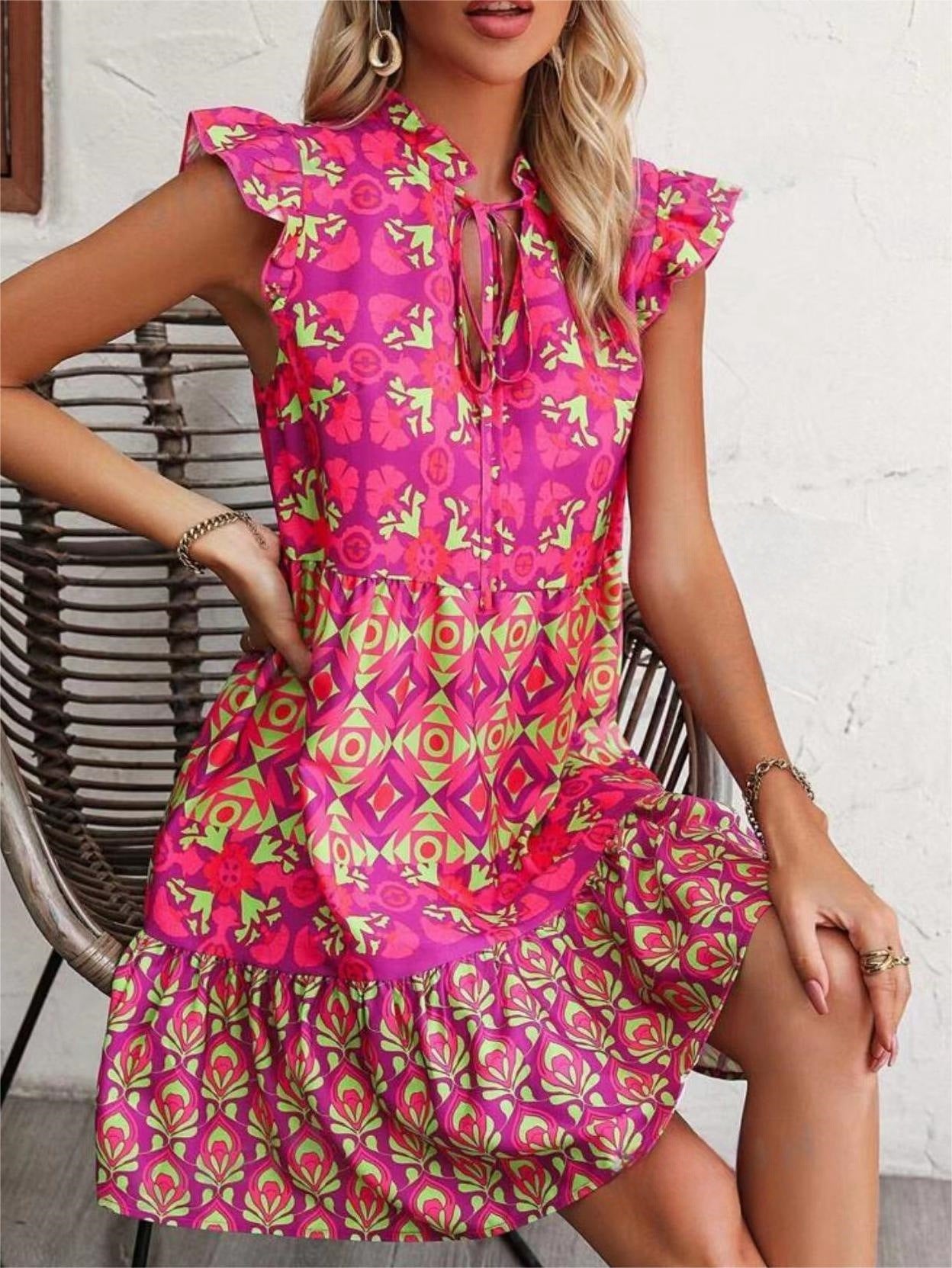 Vestido sin mangas estampado Moda de verano Vestidos rectos con cordones y cuello en V para mujer Ropa