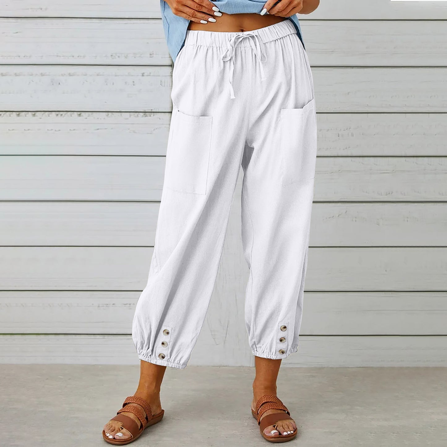 Pantalon à cordon de serrage pour femme, pantalon en coton et lin avec poches et boutons, printemps et été