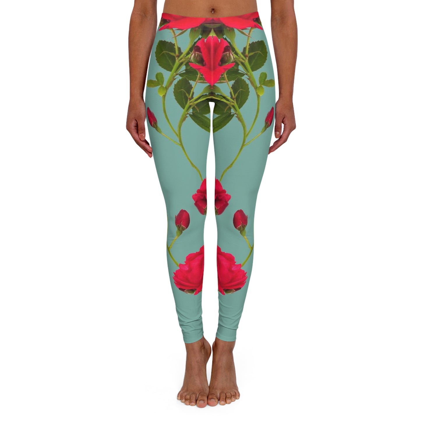 Red Flowers and blue - Inovax Women's Spandex Leggings