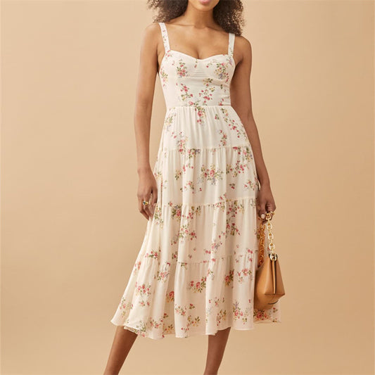 Women's French Style Vintage Small Floral Printed High Waist Slim Fit Slimming Suspenders Dress