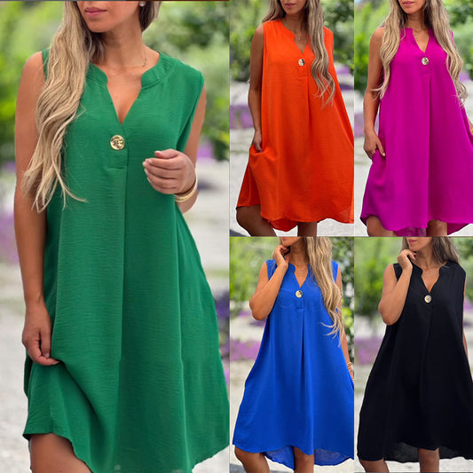 Summer V-neck Sleeveless Dress With Button Decoration Solid Color Casual Loose Straight Dresses Womens Clothing