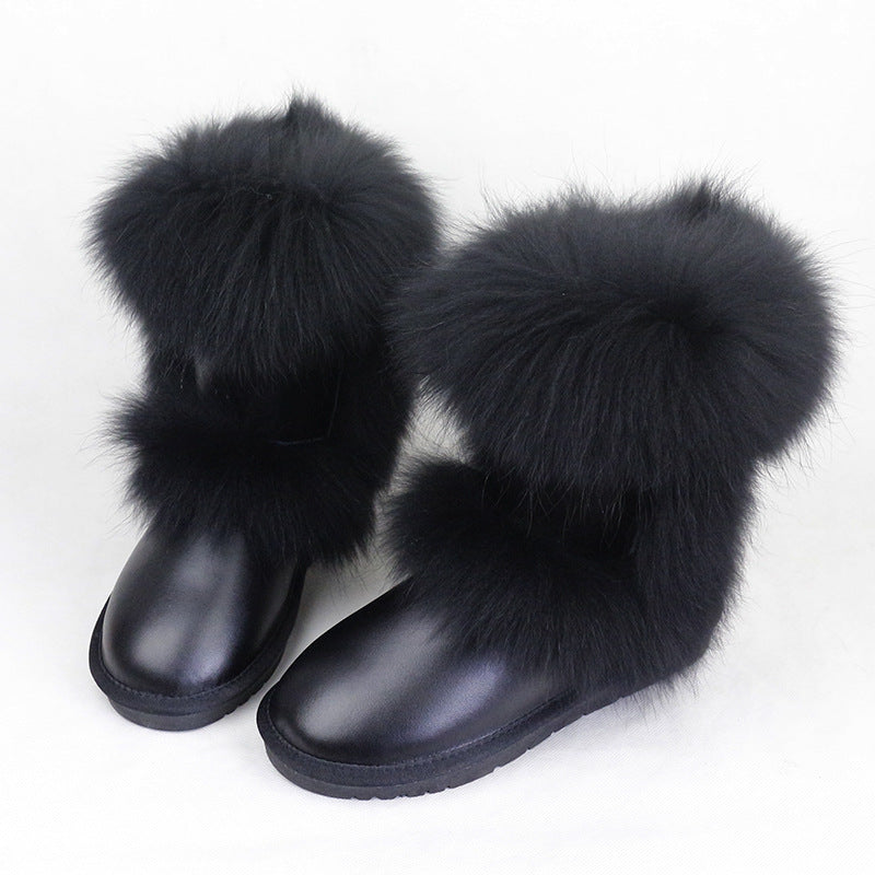 Bottes de neige d'hiver mi-mollet en fourrure de renard pour femmes