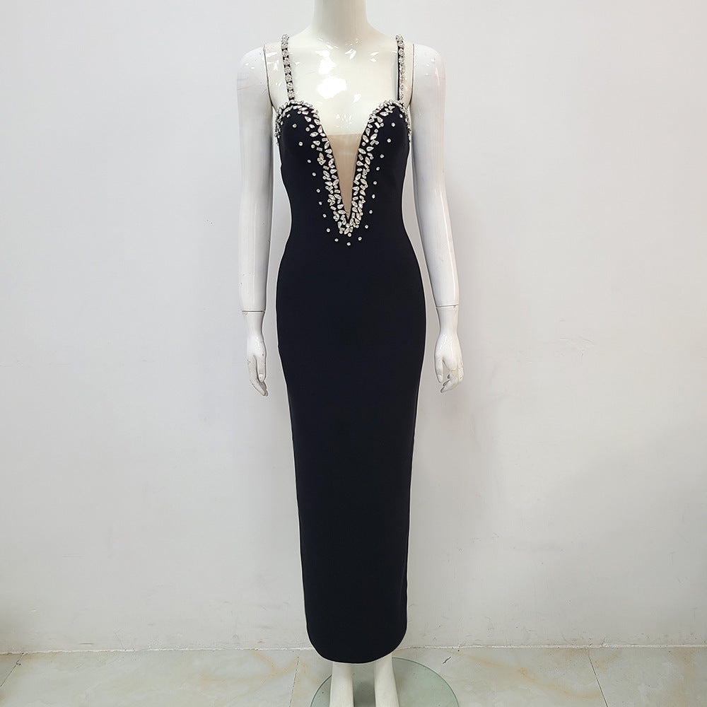 Vestido camisola de malla con escote en V profundo y diamantes de imitación para mujer, estilo europeo y americano