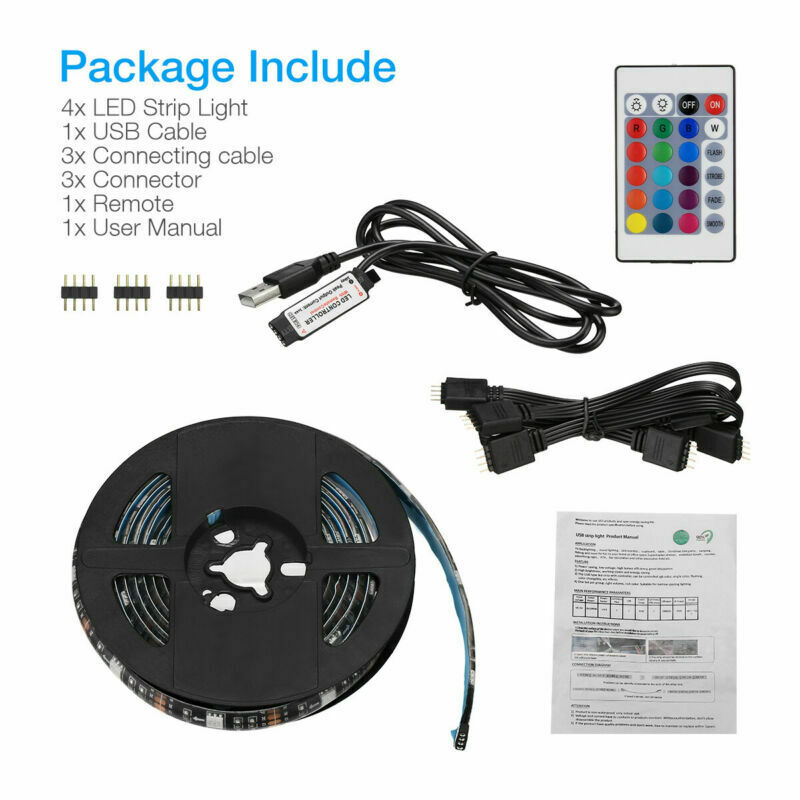 4x50CM USB 5V RGB LED bande lumière de fond Kit à distance pour lampe d'ordinateur TV