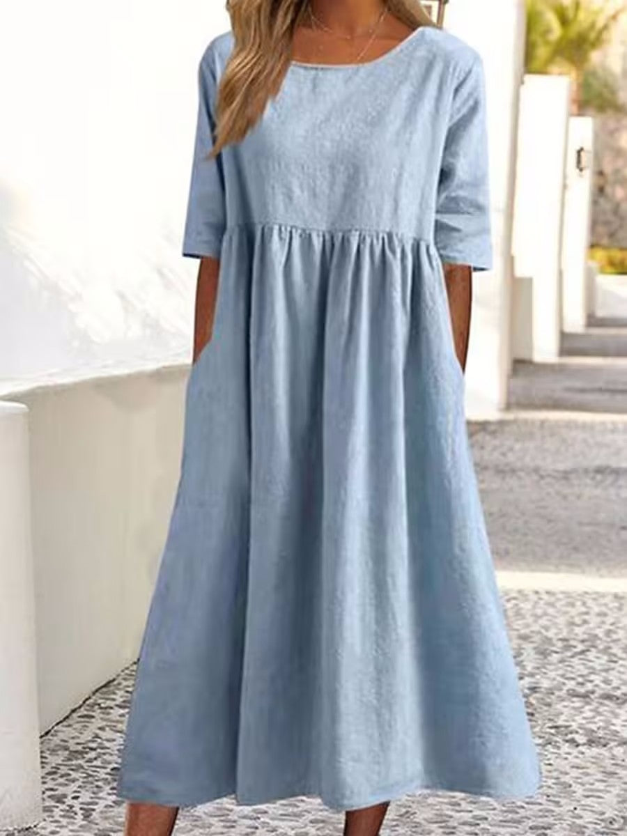 Vestido de bolsillo de manga corta de lino y algodón informal a la moda para mujer