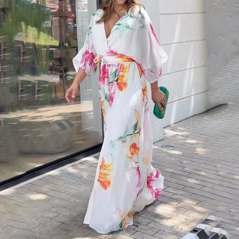 Vestido suelto con estampado de encaje y manga de murciélago para mujer