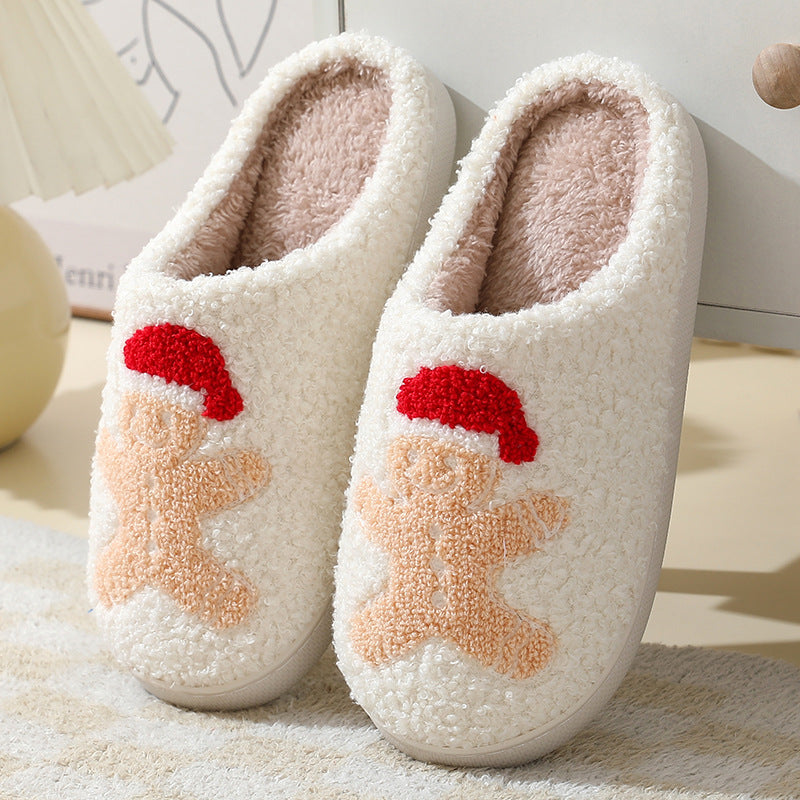 Zapatillas de casa navideñas, zapatillas de algodón con dibujos animados de Papá Noel para mujeres y hombres, parejas, zapatos peludos cálidos de invierno