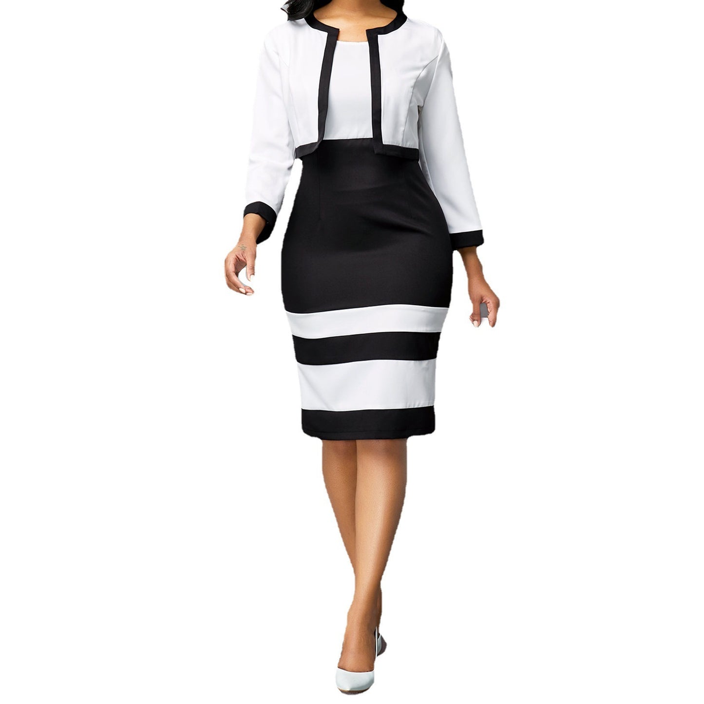 Women's Patch High Waist Slim-fit Contrast Colors Commuter Business Dress Two-piece Set