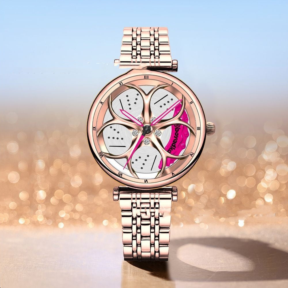 Reloj de cuarzo luminoso con rueda de coche giratoria para mujer