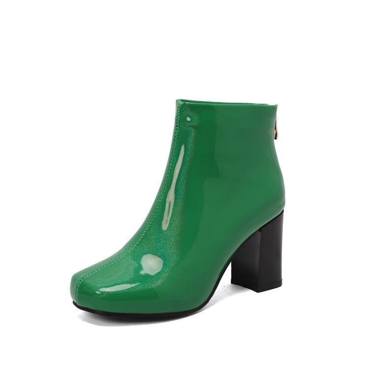 Botas de tobillo de color sólido para mujer Charol Tacón alto Moda