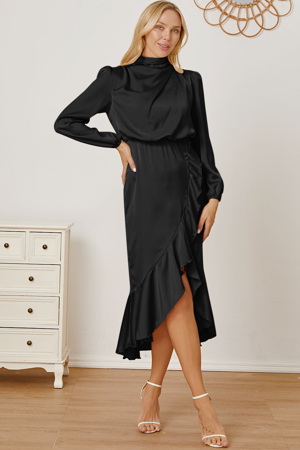 Mock Neck Ruffled Asymmetrical Dress