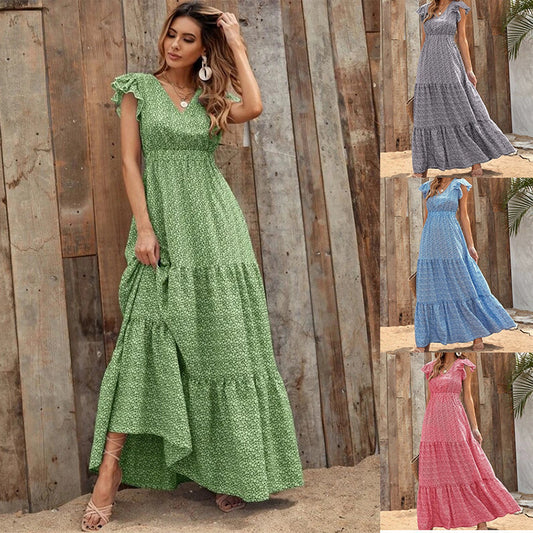 Vestido floral festivo con estampado bohemio y cuello en V de verano para mujer