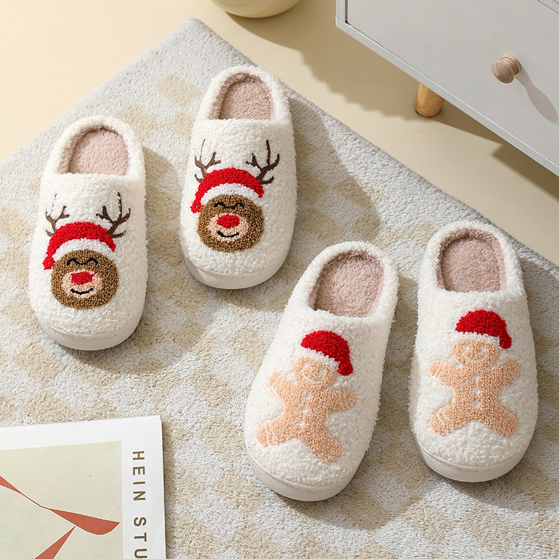 Zapatillas de casa navideñas, zapatillas de algodón con dibujos animados de Papá Noel para mujeres y hombres, parejas, zapatos peludos cálidos de invierno