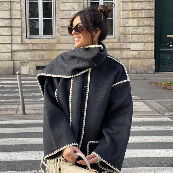 Manteau en laine épais pour femmes, avec écharpe, pompon, veste ample, décontractée, bureau, Streetwear, automne et hiver