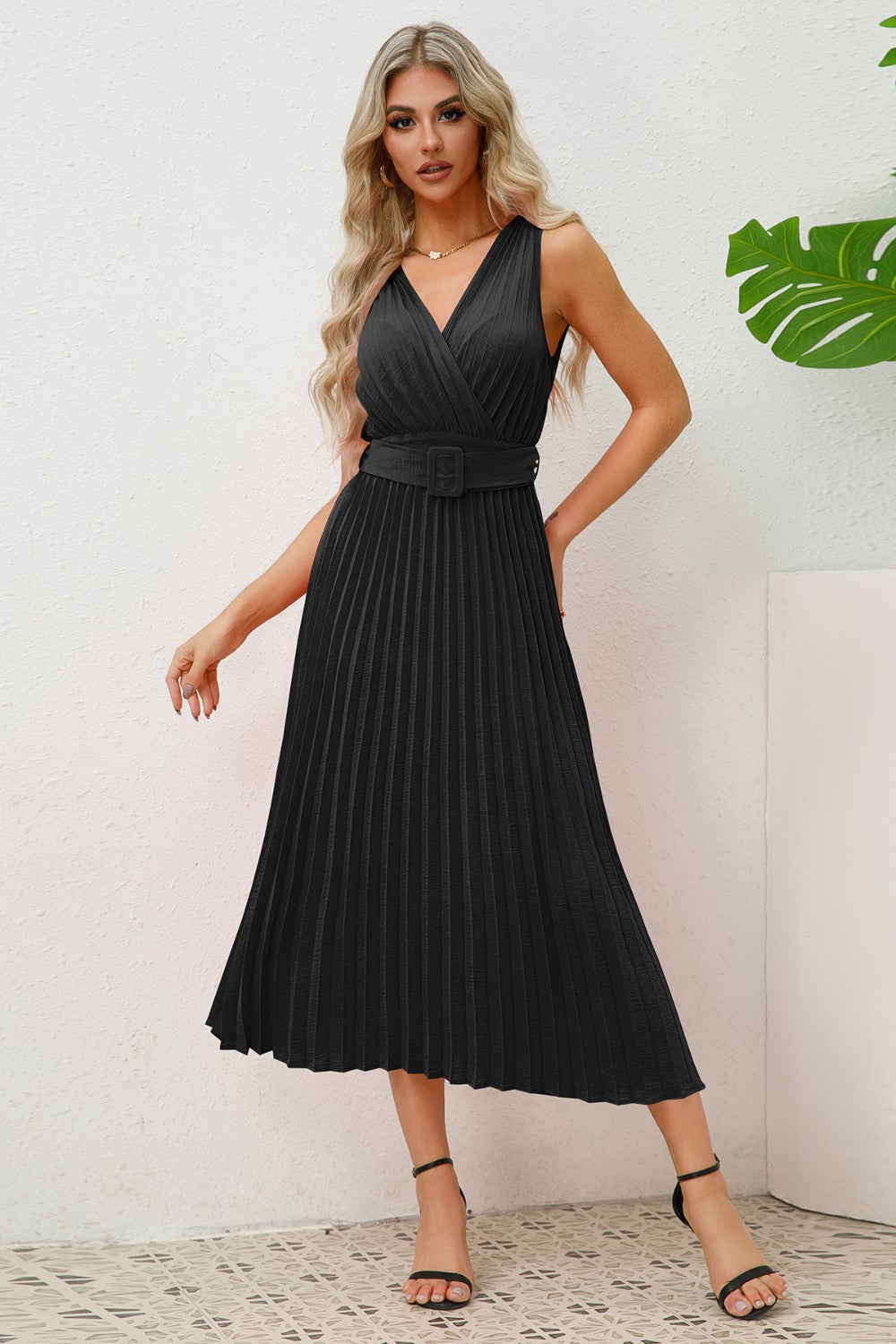 Surplice Sleeveless Midi Pleated Dress