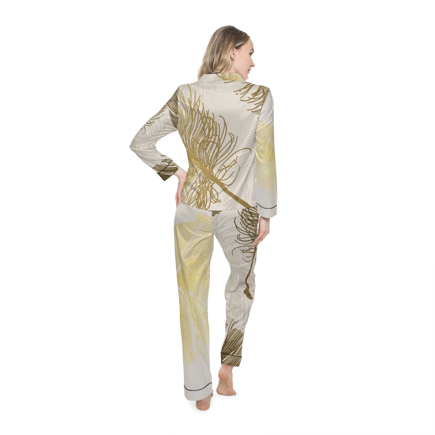 Plumes dorées - Pyjama en satin pour femme Inovax