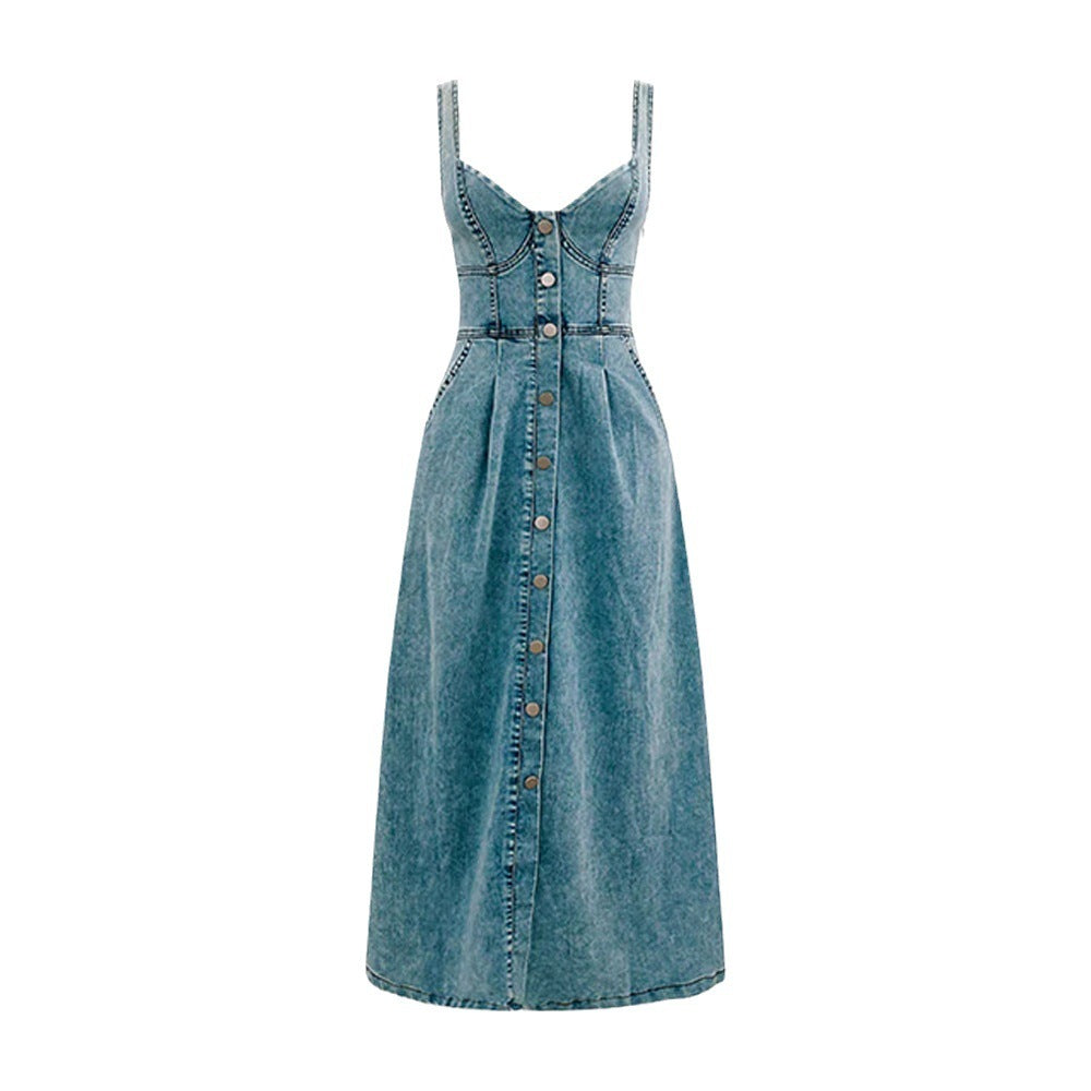 Robe midi en jean à bretelles et boucles pour femmes