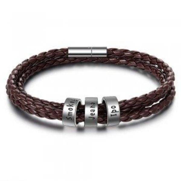 Pulsera de cuero genuino trenzada personalizada para hombre, cuentas personalizadas de acero inoxidable, pulsera con dijes de nombre para hombres con apellidos