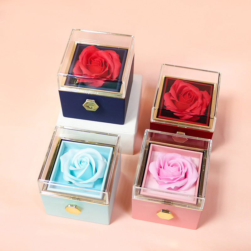 Caja de regalo giratoria con forma de rosa y flor de jabón, caja de embalaje de joyería con forma de rosa giratoria creativa, regalo del Día de San Valentín para mujer