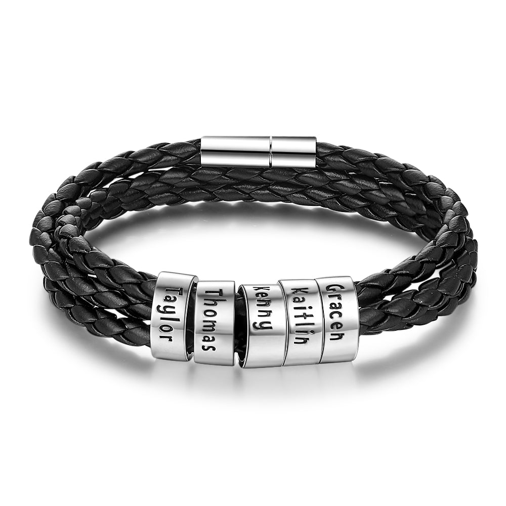 Pulsera de cuero genuino trenzada personalizada para hombre, cuentas personalizadas de acero inoxidable, pulsera con dijes de nombre para hombres con apellidos