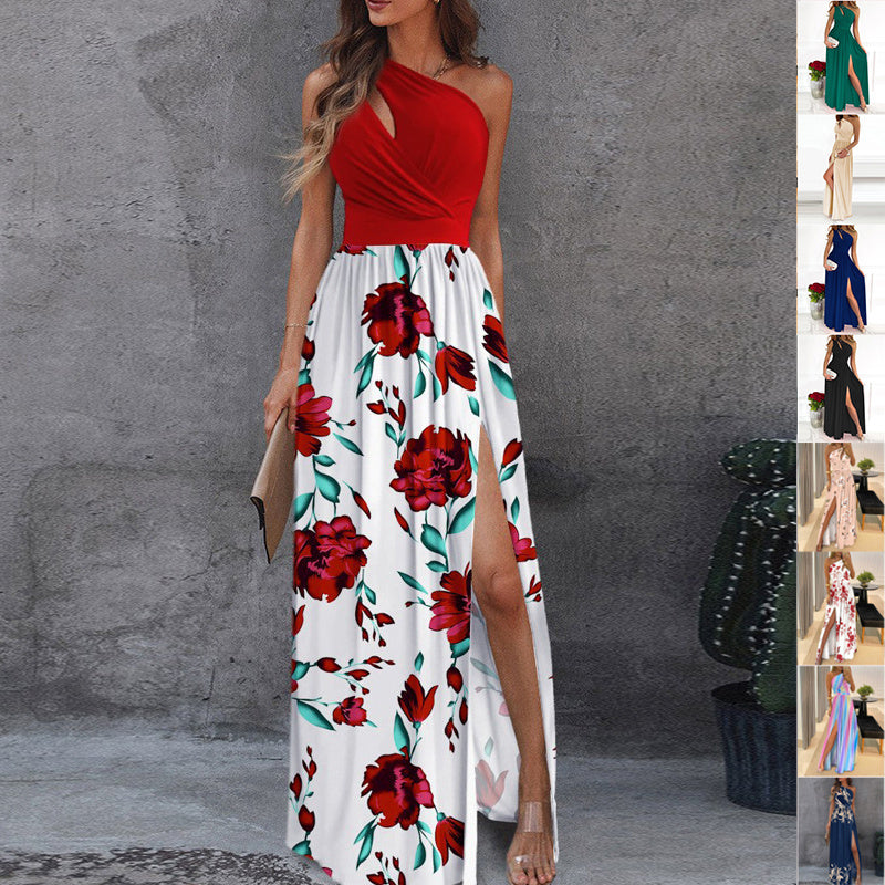 Vestido dividido con estampado de rosas, moda de verano, vestido largo con un solo hombro, ropa para mujer