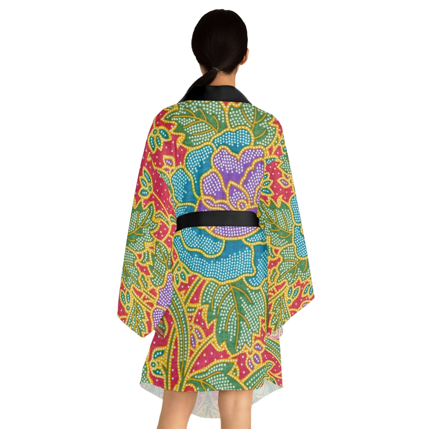 Flores verdes y rojas - Bata Kimono de Manga Larga Inovax