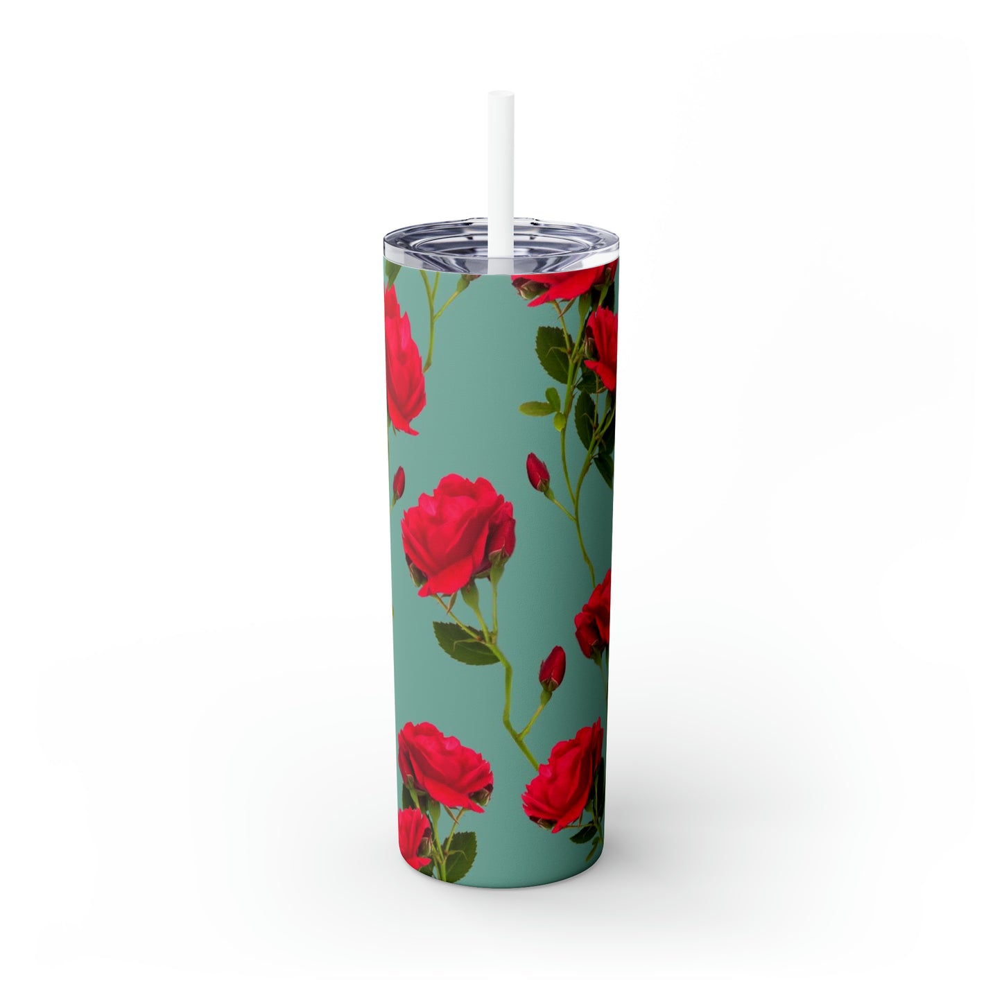 Red Flowers and blue - Inovax Maars® Skinny Tumbler with Straw 20oz